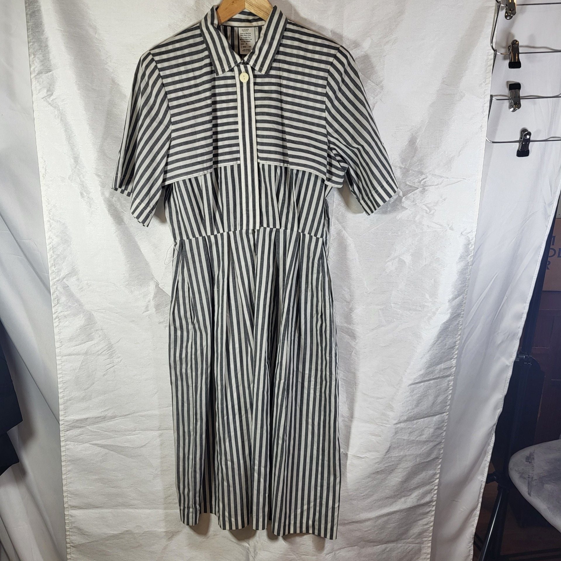 Vintage Striped Shirt Dress Gray And White Midi White Midi Short Sleeve Rn 5243